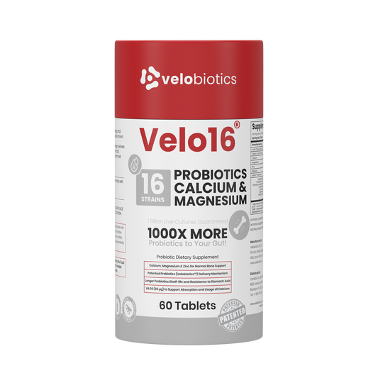 Velo16 Probiotics supplement with Calcium and Magnesium for bone, muscle, and gut health, 60 tablets container