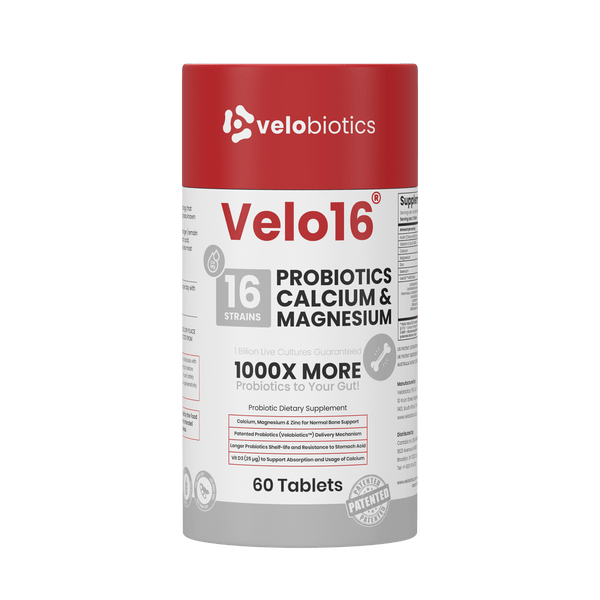 Velo16 Probiotics Calcium & Magnesium - 3D product bottle and packaging box front view