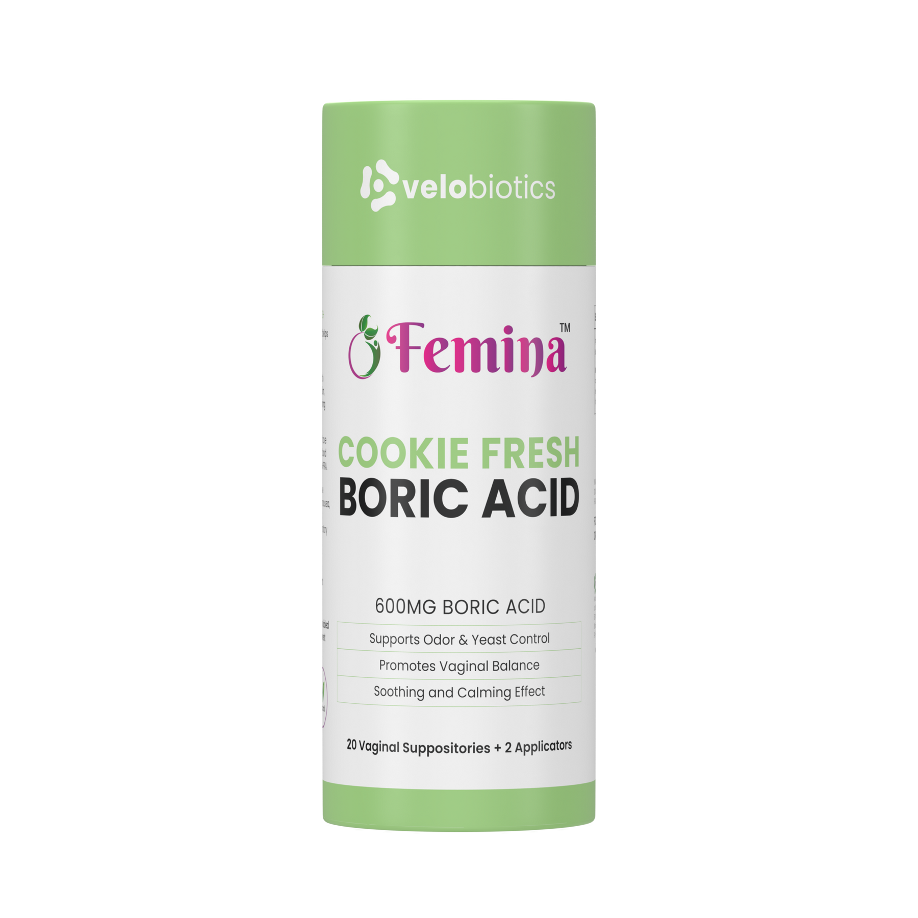 Femina™ Cookie Fresh Boric Acid Suppositories package with 600mg boric acid, promoting vaginal balance and odor control.