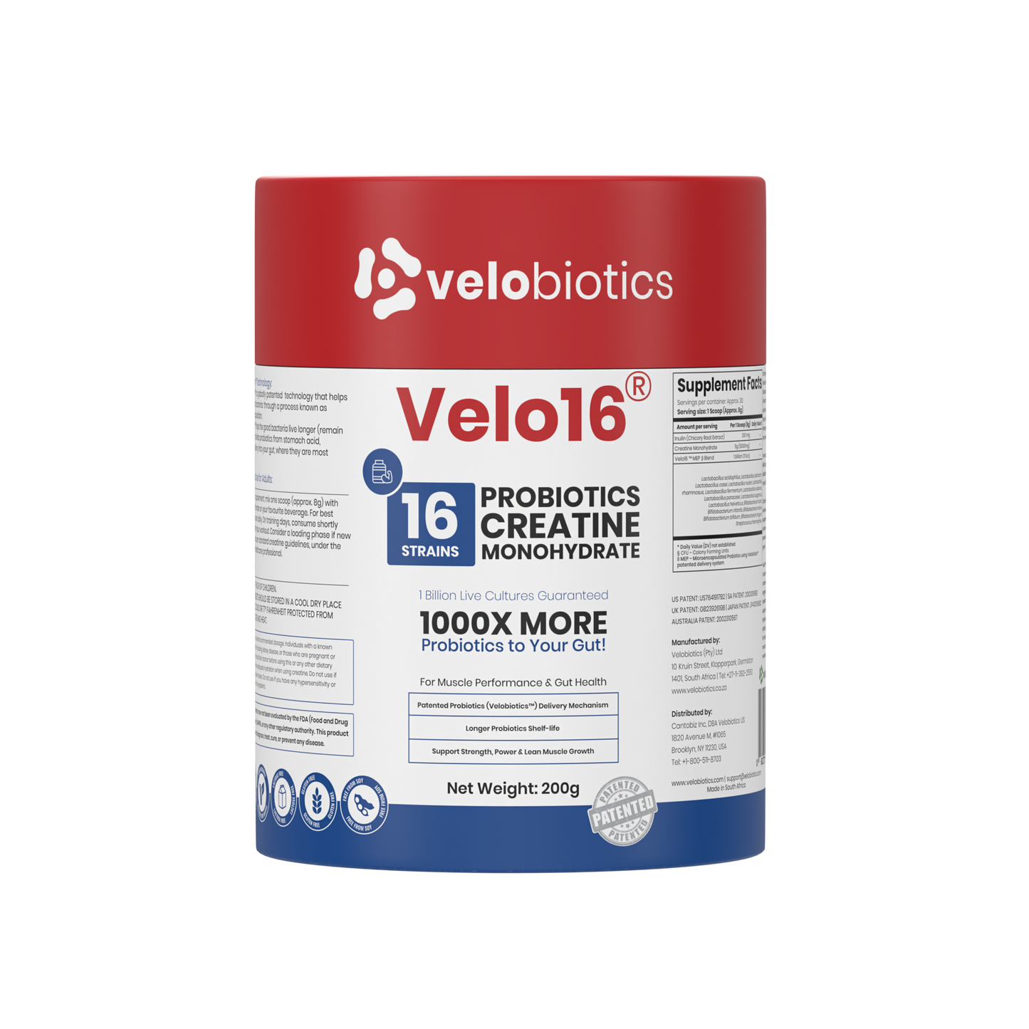 Velo16 Probiotics Creatine Monohydrate supplement with 16 strains for muscle performance and gut health, 200g container