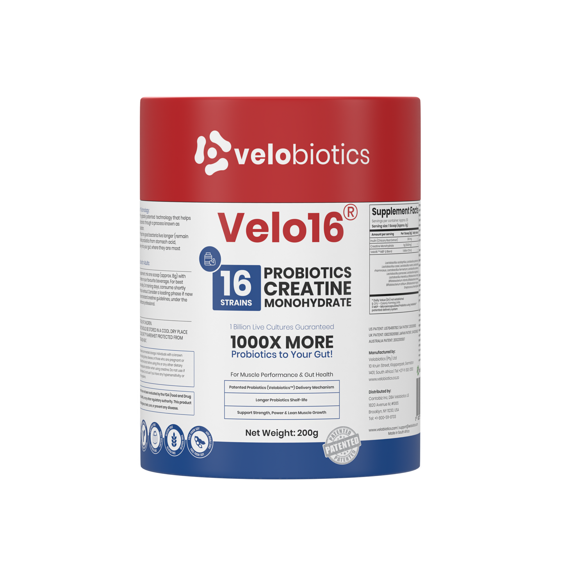 Velo16 Probiotics Creatine Monohydrate supplement with 16 strains for muscle performance and gut health, 200g container