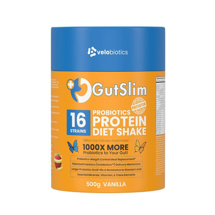 GutSlim Probiotics Diet Shake, 500g vanilla, boosts gut health with 16 probiotic strains and high protein support.