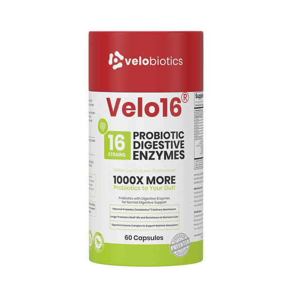 Velo16 Probiotic + Digestive Enzymes Complex - 3D product bottle and packaging box front view
