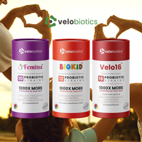 Three Velobiotics probiotic supplement bottles including Velo16 Probiotic Digestive Capsules with 16 strains for gut health and immunity.