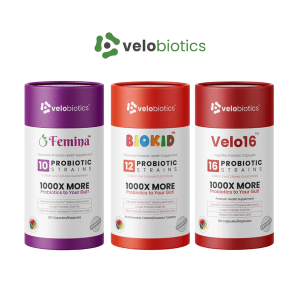 Family Gut Health Complete Bundle - Velo16, Femina and BioKid Chewable, front packaging view