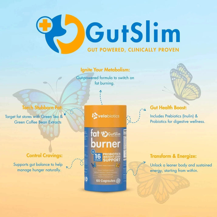 GutSlim Probiotics Fat Burner bottle with benefits like metabolism ignition, stubborn fat reduction, gut health boost, craving control, and energy transformation.
