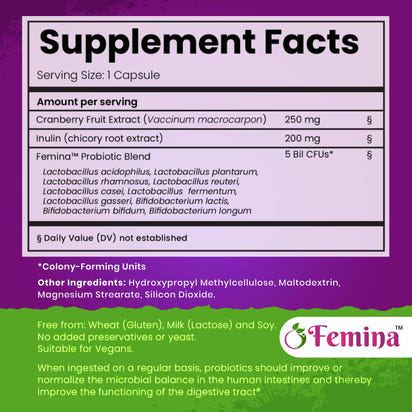 C-Essentials Kit supplement facts with cranberry extract, inulin, Femina probiotic blend for fertility and hormonal balance support