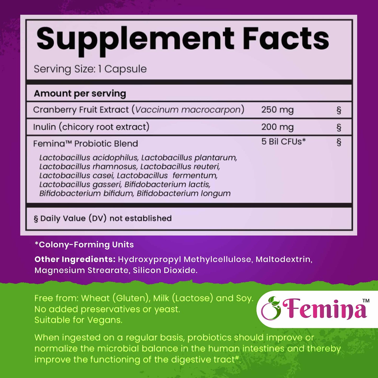 C-Essentials Kit supplement facts with cranberry extract, inulin, Femina probiotic blend for fertility and hormonal balance support