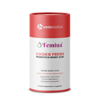 Femina™ Cookie Fresh Probiotics and Boric Acid Suppositories for intimate balance and odor control.