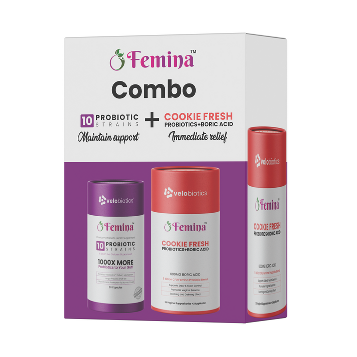 Femina COMBO Care probiotic capsules and Cookie Fresh suppositories for feminine intimate health support and immediate relief.