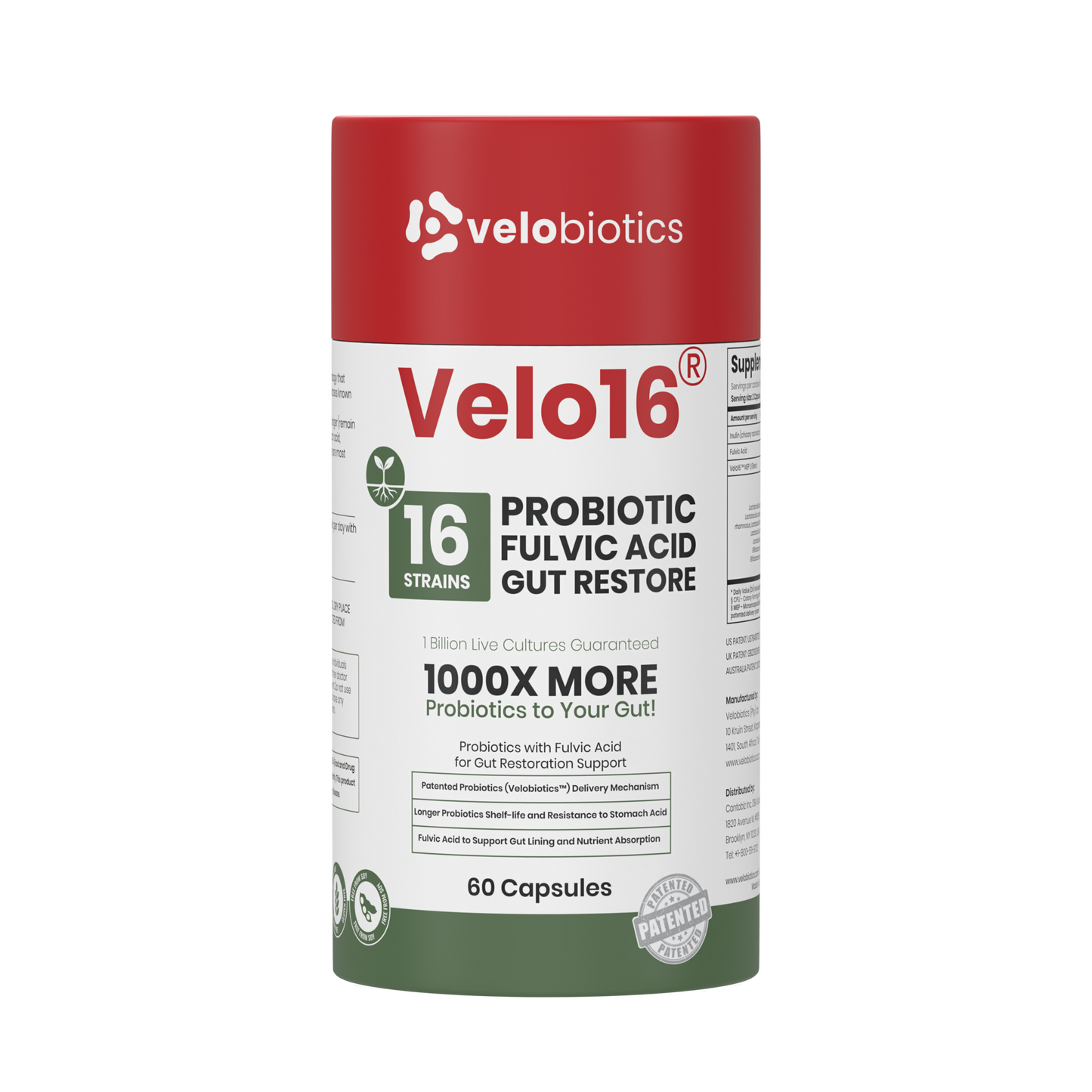 Velo16 Probiotics Fulvic Acid supplement bottle with 16 strain probiotic blend for gut restoration and nutrient absorption support