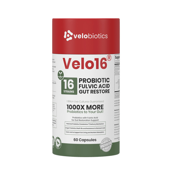 Velo16™ Probiotics + Fulvic Acid - 3D product bottle and packaging box front view