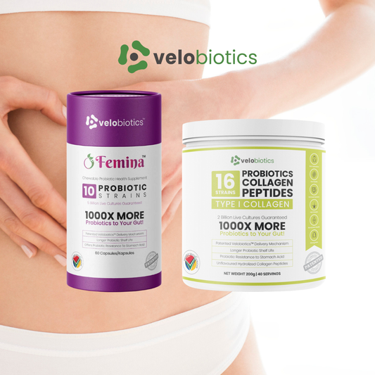 Velo16 Probiotic Digestive Capsules and collagen powder combo for gut health, glowing skin, and immune support