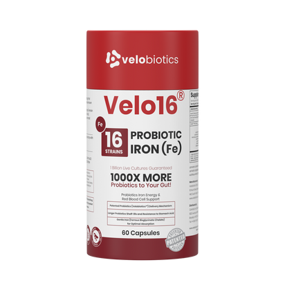 Velo16 Probiotics + Iron supplement bottle with 16-strain probiotics and iron for gut health and immune support
