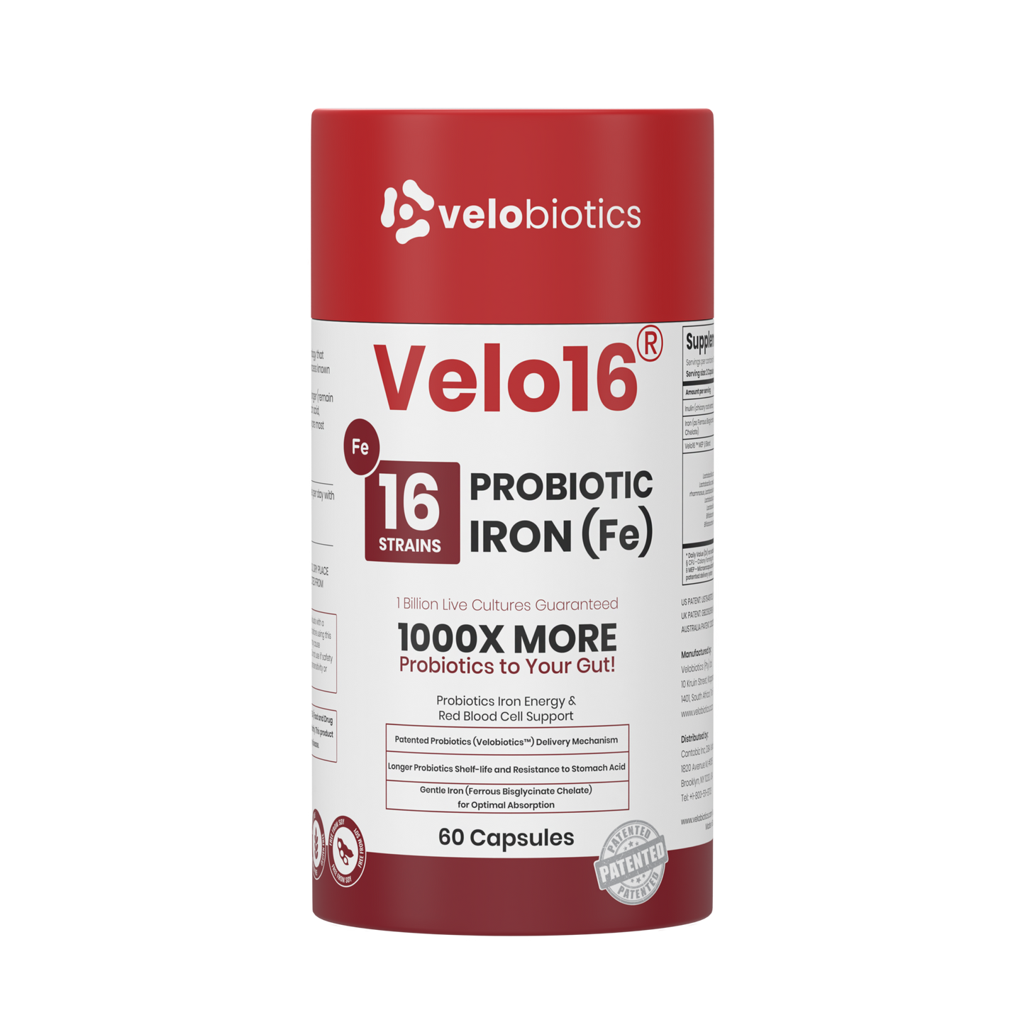 Velo16 Probiotics + Iron supplement bottle with 16-strain probiotics and iron for gut health and immune support