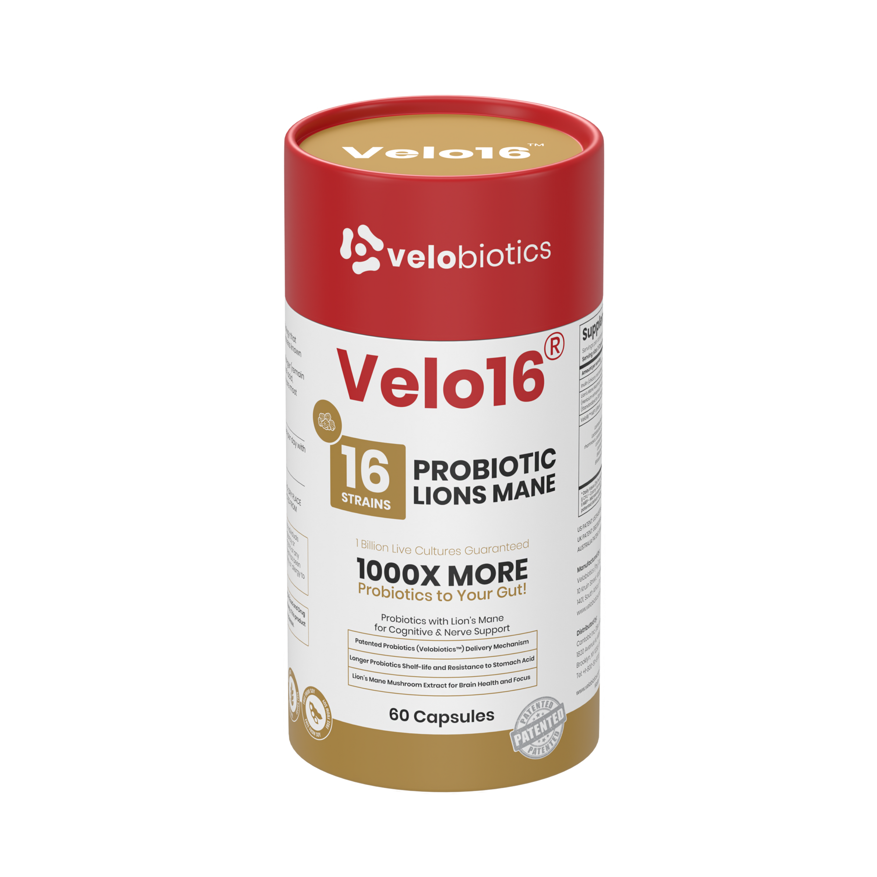 Velo16 Probiotics Lion's Mane supplement bottle with 16 probiotic strains for cognitive and gut health support