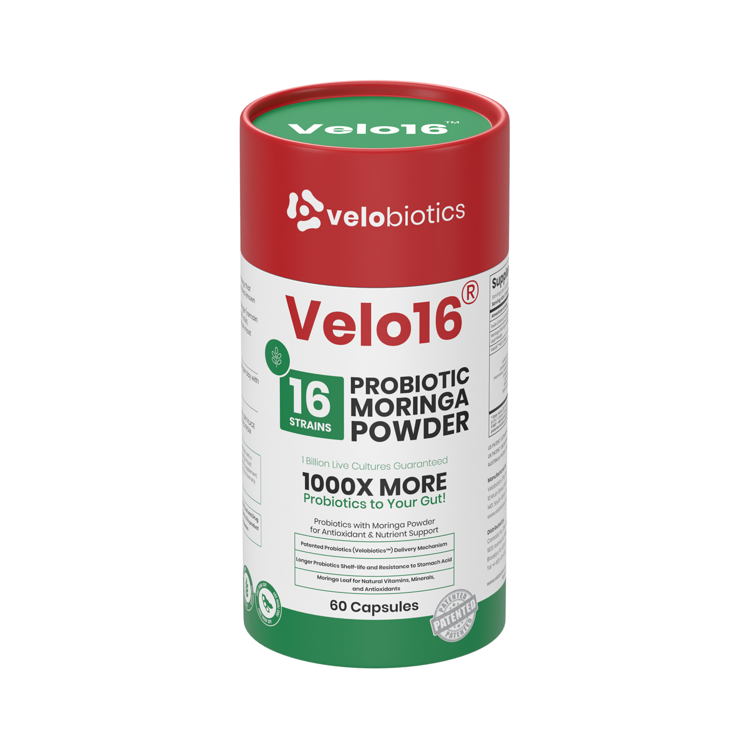 Velo16 Probiotics Moringa Powder supplement with 16 probiotic strains and moringa for gut health and immune support, 60 capsules