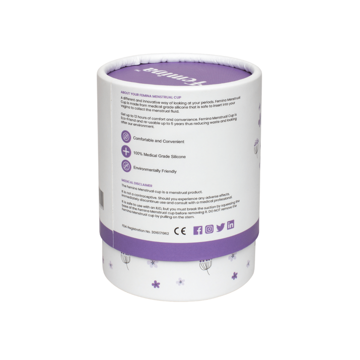 Femina Menstrual Cup packaging with key benefits highlighted, promoting comfort, safety, and eco-friendliness.
