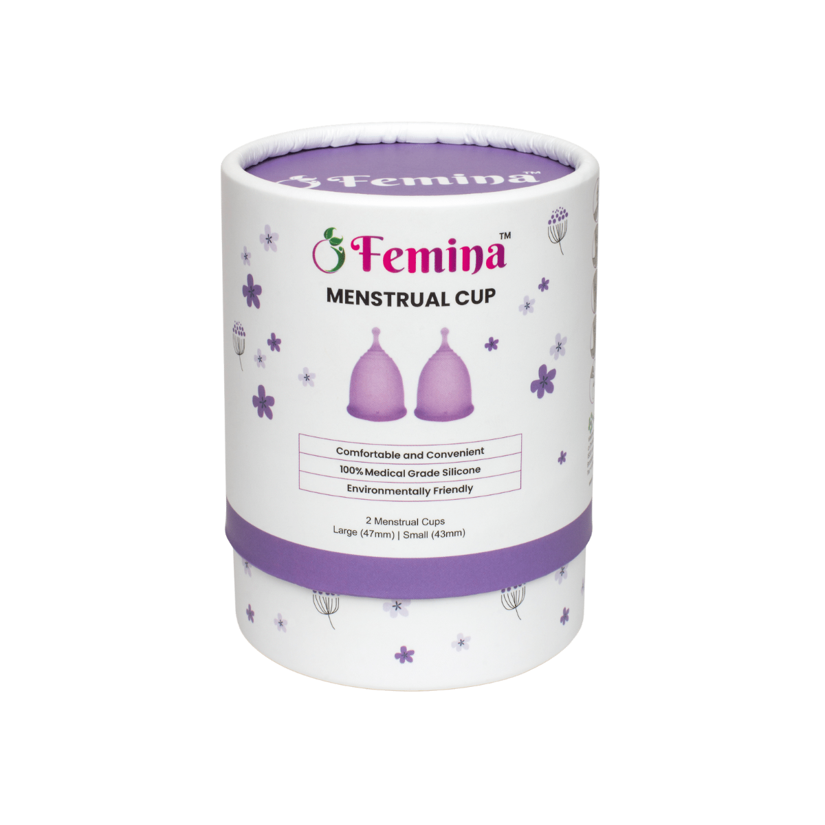 Femina Menstrual Cup packaging, 100% medical-grade silicone, eco-friendly period solution.
