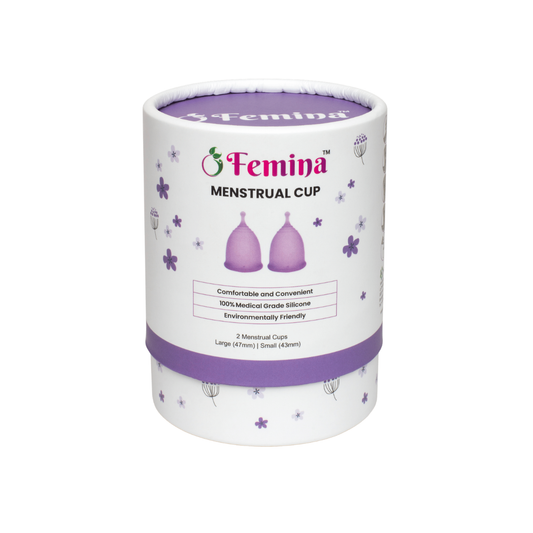 Femina Menstrual Cup packaging, 100% medical-grade silicone, eco-friendly period solution.
