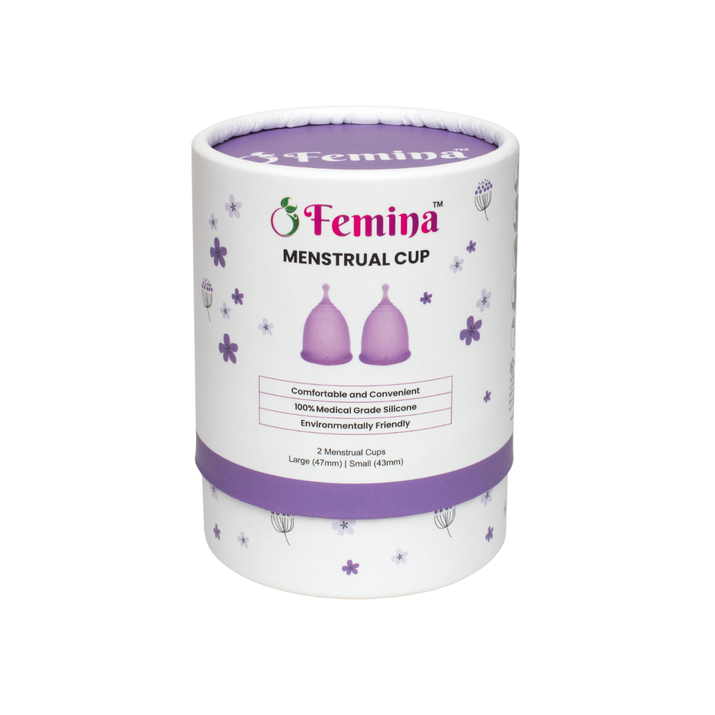 Femina Menstrual Cup packaging, 100% medical-grade silicone, eco-friendly period solution.