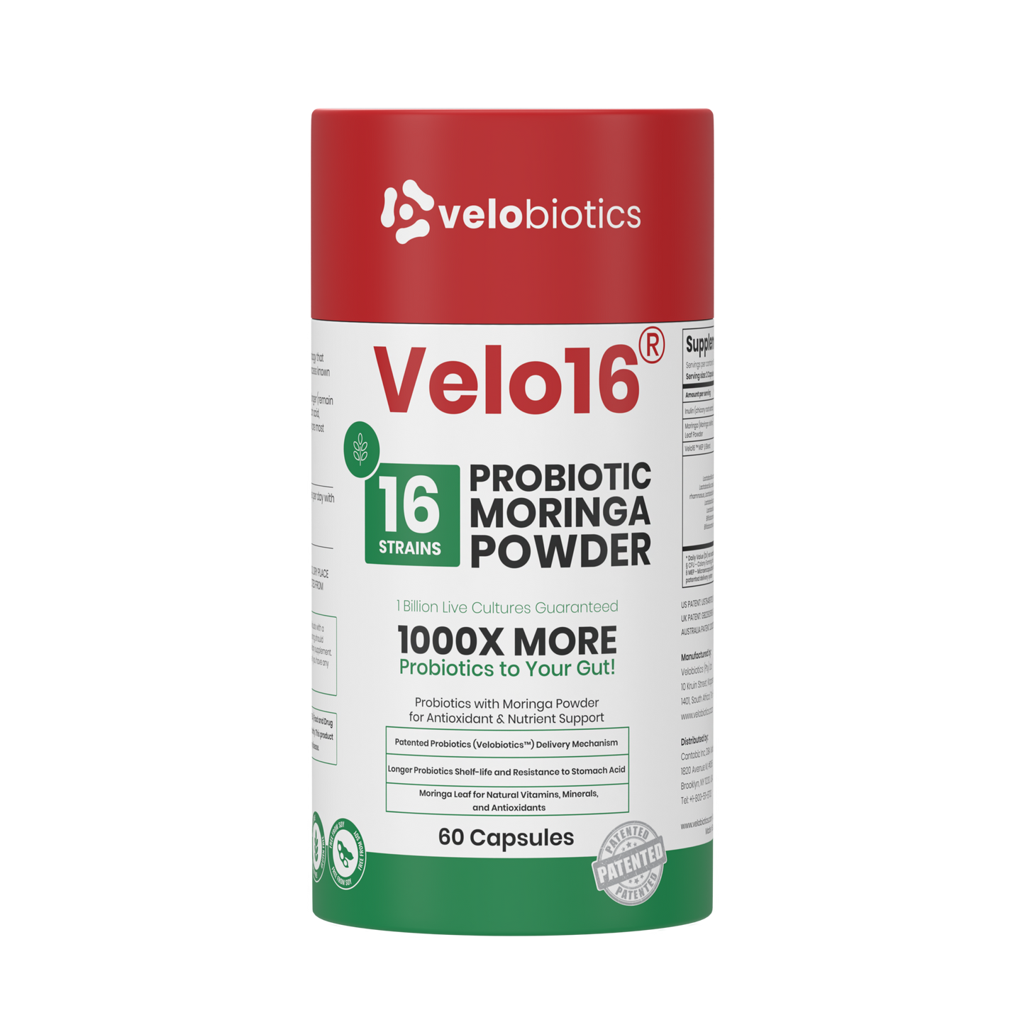 Velo16 Probiotics Moringa Powder supplement with 16 strains, 1 billion CFUs, antioxidants, and nutrient support in 60 capsules.