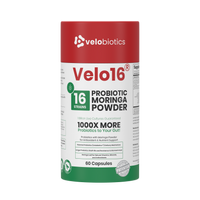 Velo16 Probiotics Moringa Powder supplement with 16 strains, 1 billion CFUs, antioxidants, and nutrient support in 60 capsules.