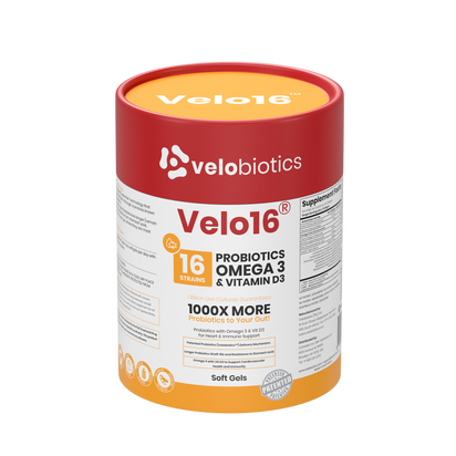 Velo16 Probiotics supplement container with Omega 3 and Vitamin D3 for gut health and cognitive support