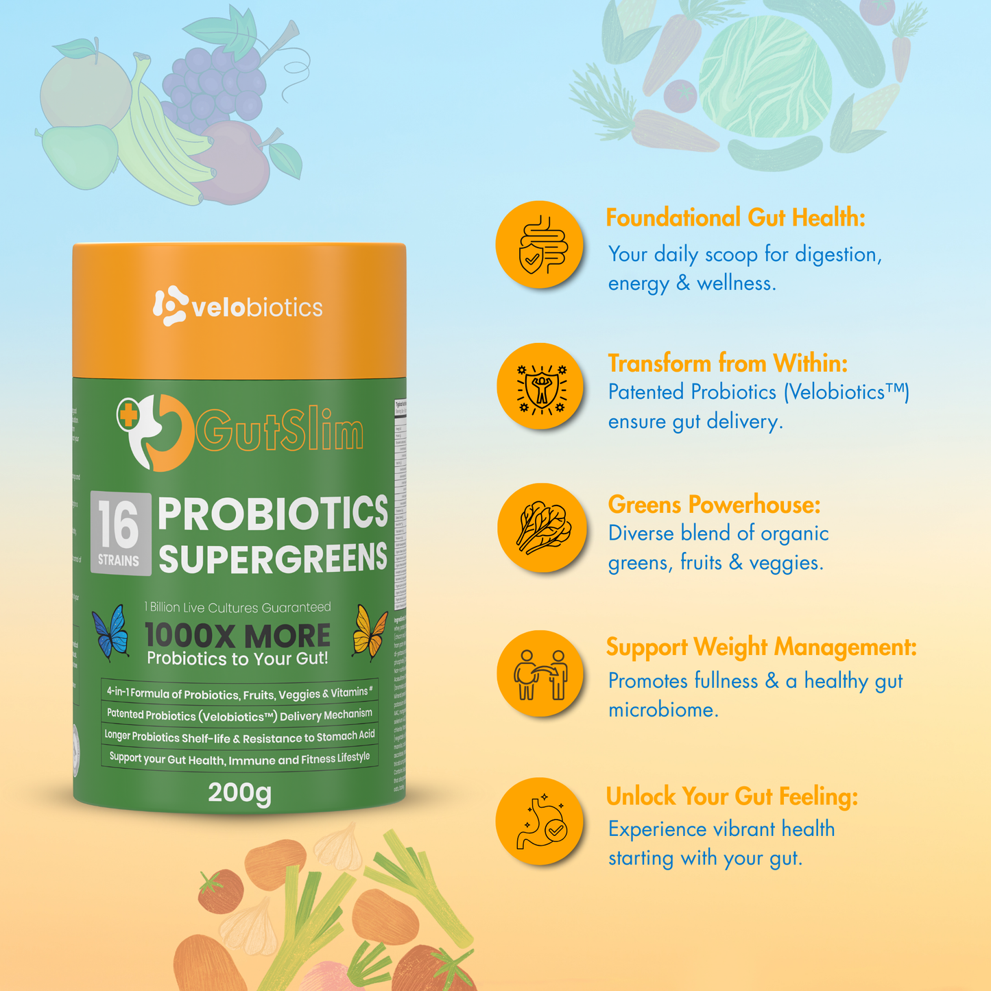 GutSlim Probiotics SuperGreens container with key benefits and ingredients for gut health improvement.