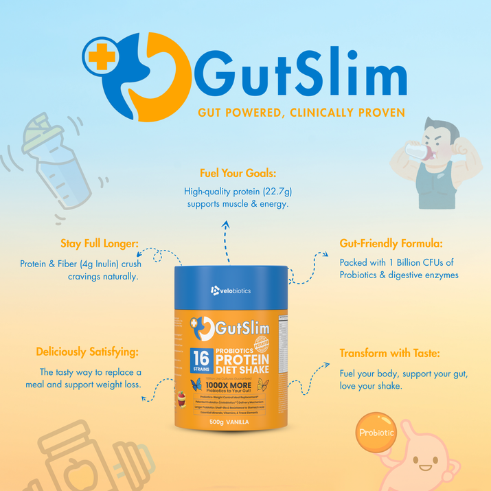 GutSlim Probiotics Diet Shake packaging featuring high-quality protein, gut-friendly formula, and delicious taste benefits.