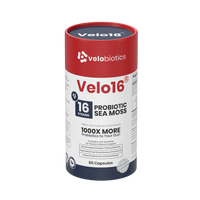 Velo16 Probiotics Sea Moss supplement with 16 strains and patented delivery for gut, thyroid, and mineral balance support in 60 capsules container