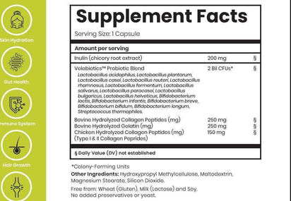 Velobiotics™ Probiotics Collagen supplement facts, showing probiotic and collagen blend details for skin and gut health.