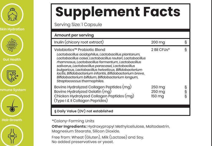 Velobiotics™ Probiotics Collagen supplement facts, showing probiotic and collagen blend details for skin and gut health.