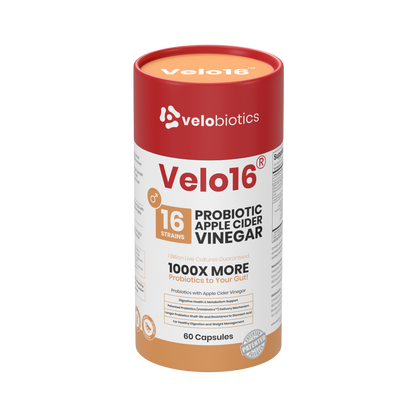 Velo16 Probiotics Apple Cider Vinegar supplement with 16 strains for digestion and metabolism support.