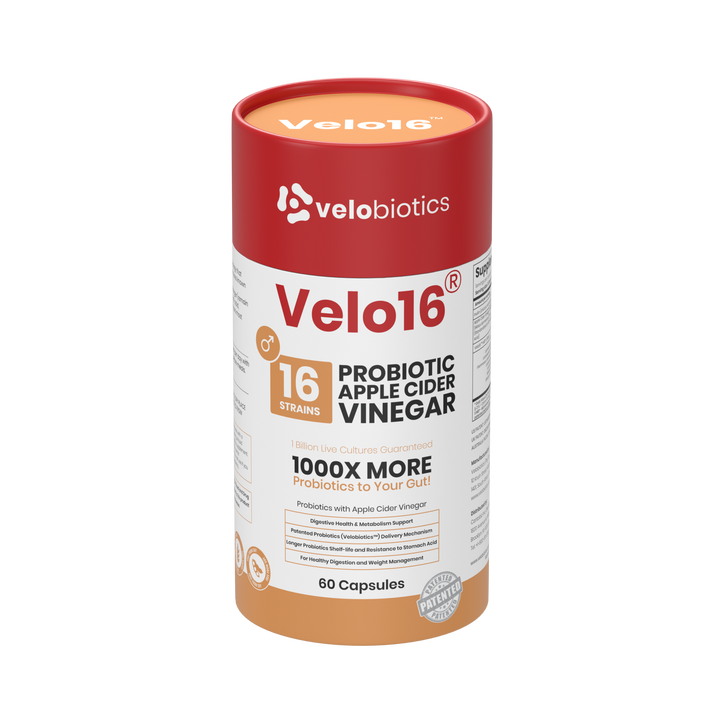 Velo16 Probiotics Apple Cider Vinegar supplement with 16 strains for digestion and metabolism support.