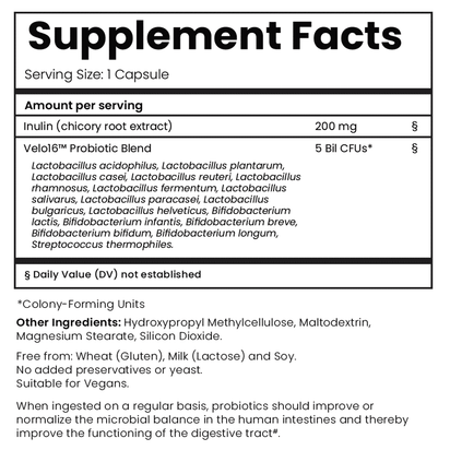 Velo16 Probiotic Digestive Capsules supplement facts and ingredients.