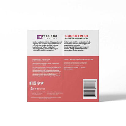 Femina™ Mini Combo packaging featuring probiotics and Cookie Fresh ingredients for feminine health.