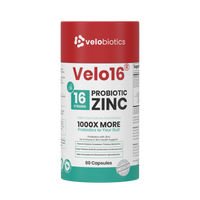 Velo16 Probiotics + Zinc supplement bottle with 16 strains and 60 capsules for gut health and immune support