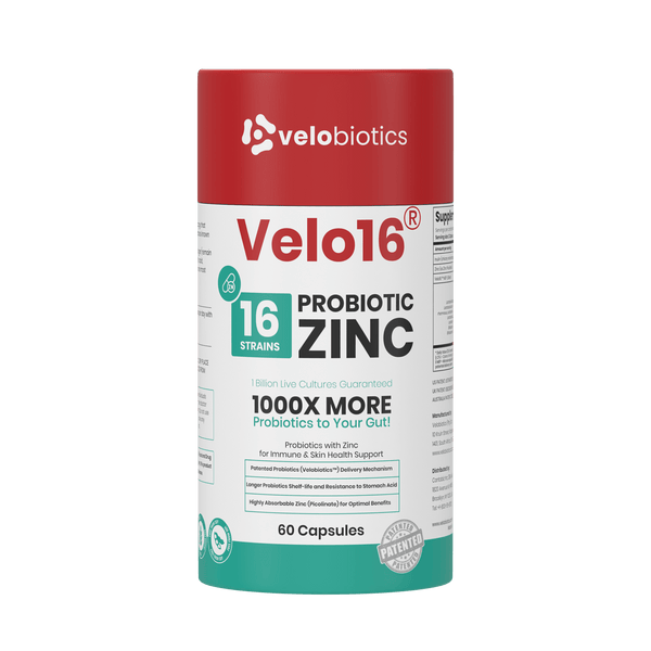 Velo16 Probiotics + Zinc Picolinate 3D box front view