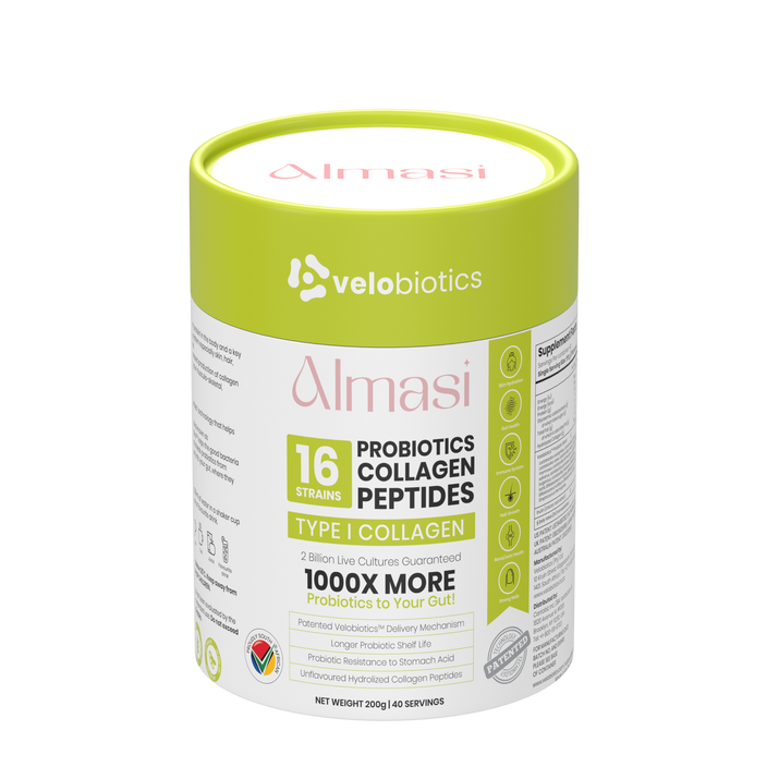 Velo16 Probiotic Digestive Capsules Almasi Collagen Peptides Powder for gut health and glowing skin