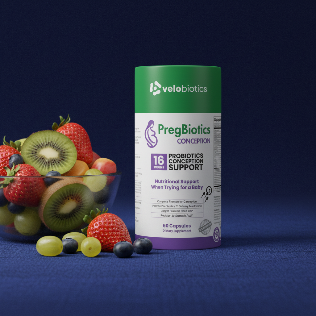 PregBiotics Conception probiotic supplement bottle with assorted fresh fruit on blue surface background