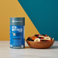 His-Biotics Original Capsules probiotic daily multivitamin supplement for men's gut health and vitality, 60 capsules.