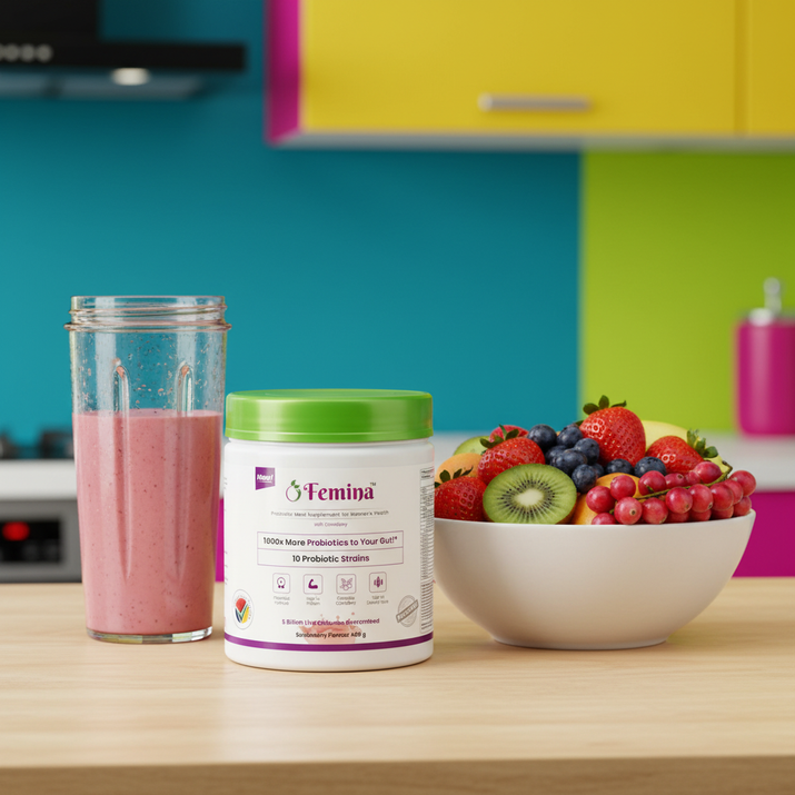Femina™ Probiotics Meal Replacement 400g container with a pink smoothie and bowl of fresh fruits on a kitchen counter