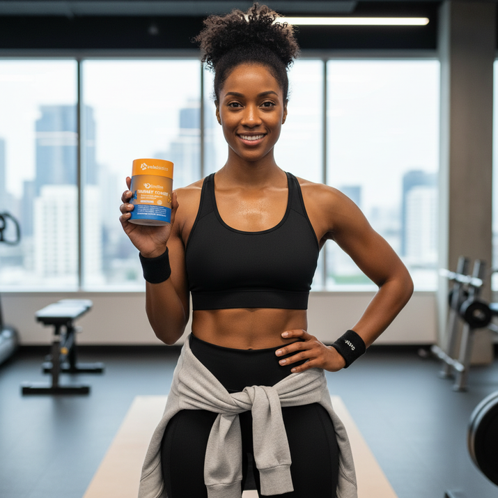 Fit woman in workout attire holding GutSlim Probiotics Tummy Toner supplement for digestive health and belly fat reduction