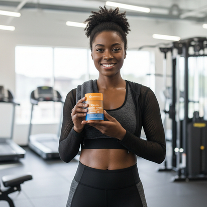 fit woman holding GutSlim Probiotics Tummy Toner supplement for digestive balance and belly fat reduction in gym