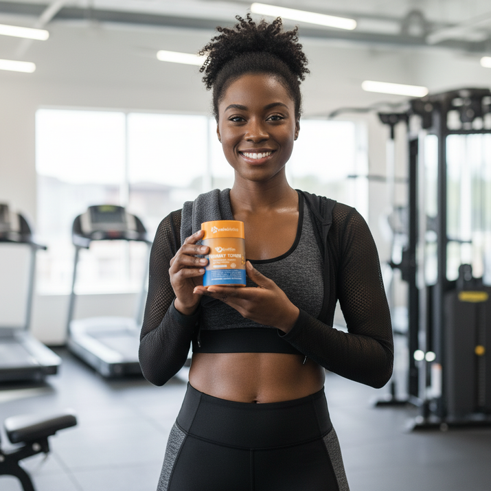 fit woman holding GutSlim Probiotics Tummy Toner supplement for digestive balance and belly fat reduction in gym