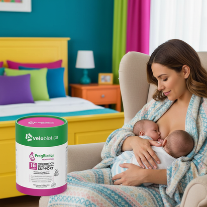 PregBiotics Breastfeeding supplement with probiotics and omega-3s supporting postnatal nutrition and breastfeeding.