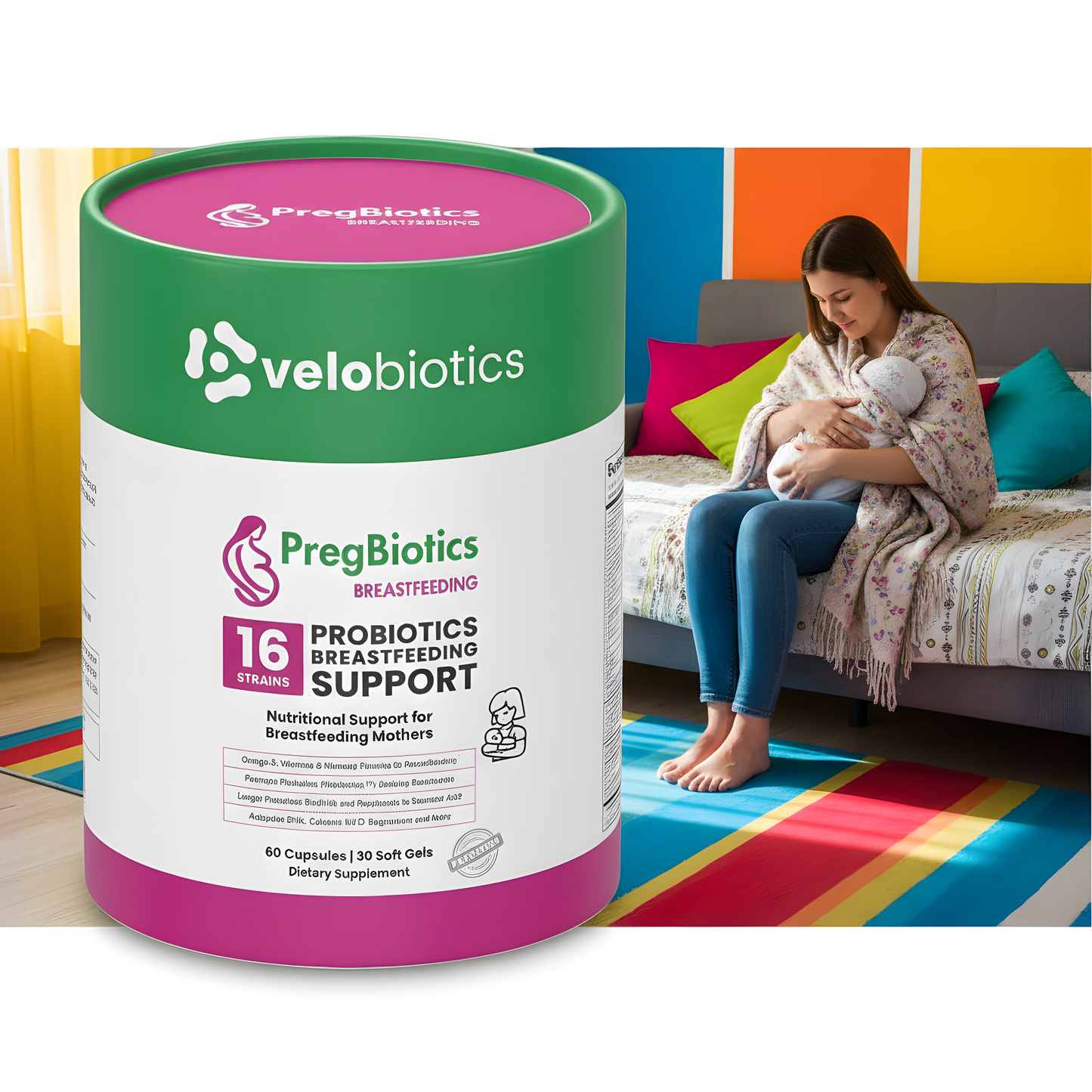PregBiotics Breastfeeding supplement with probiotics, vitamins, and omega-3s for postnatal support and breastfeeding mothers.