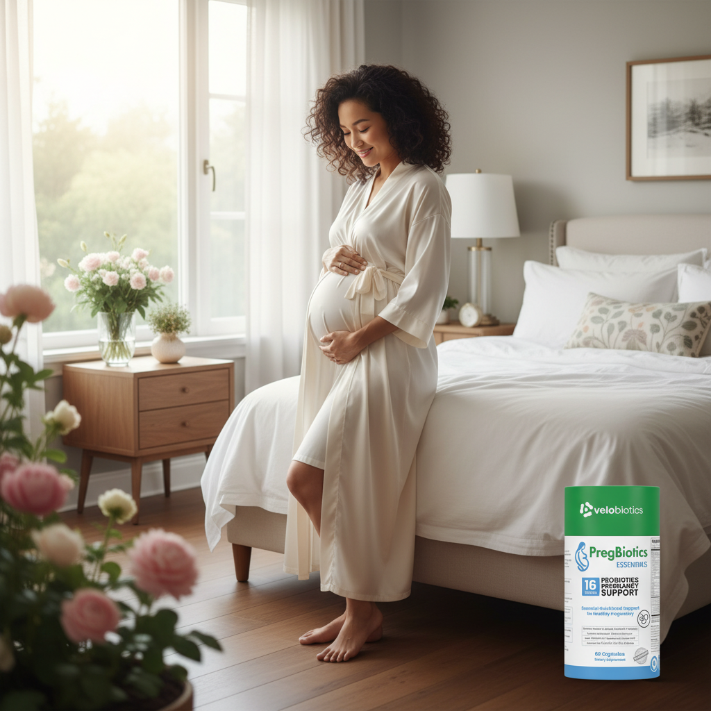 Pregnant woman holding belly in bedroom with PregBiotics Essentials prenatal probiotic supplement box for pregnancy health and digestive support