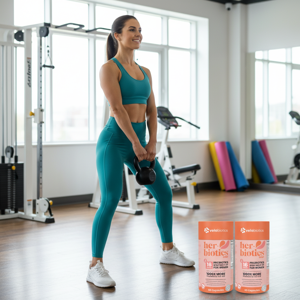 Active woman lifting kettlebell in gym with Her-Biotics Sport Capsules multivitamins for energy and recovery